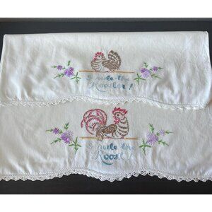 Vintage Embroidered "Rule the Roost" Pillowcases // Set of 2 // Crochet Trim